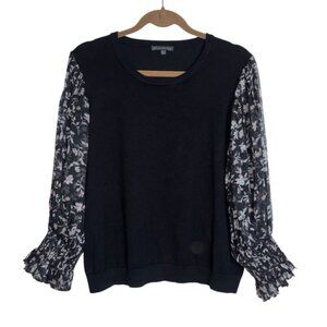 Adrianna Papell Women’s XL Black Knit Top Semi Sheer Balloon Sleeves Floral
